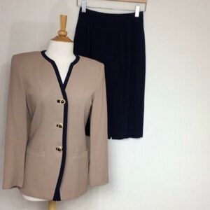 Vintage Kasper A.S.L. Women's Tan Navy Blazer Wool Skirt Suit Size 4 Preppy